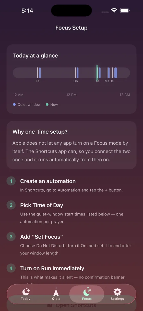 Focus setup screen explaining the one-time Shortcuts automation.