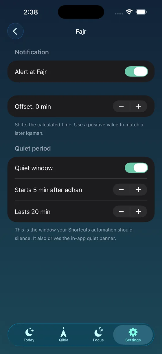 Per-prayer settings with a minute offset and quiet window length.