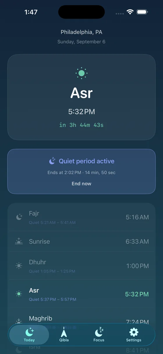 Quiet window settings for each prayer.